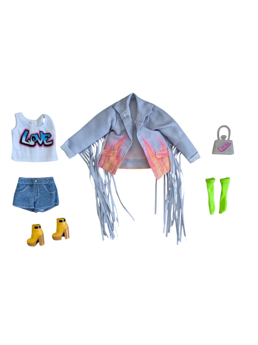 Barbie Extra Doll #5 Fringe Denim Outfit Jacket Top and Boots No Doll GRN29